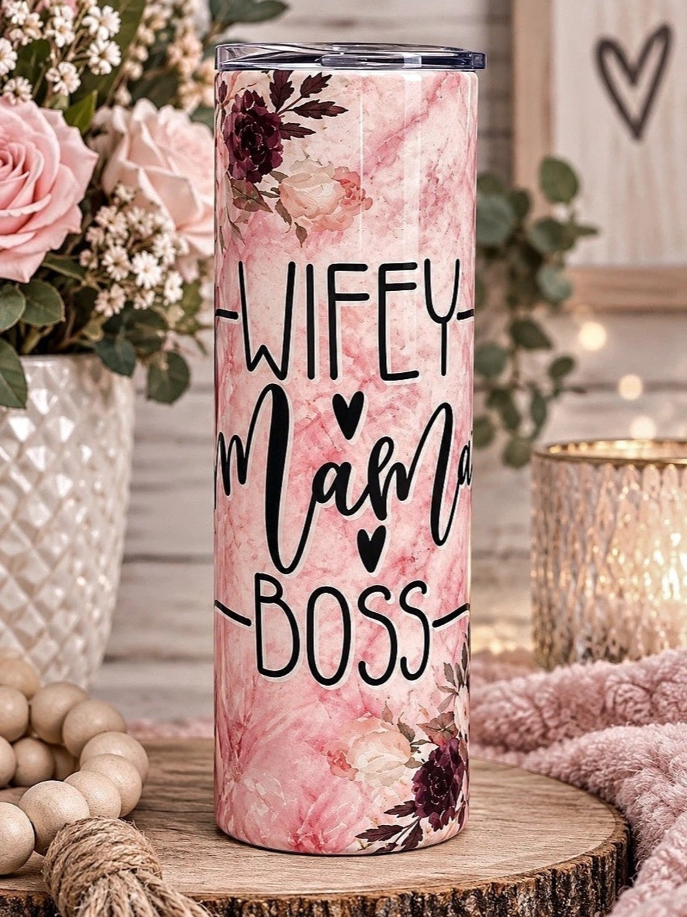 20oz Wifey Mama Boss Tumbler | HOGG Skinny Tumbler| Mom Wife Gift | Pink Floral